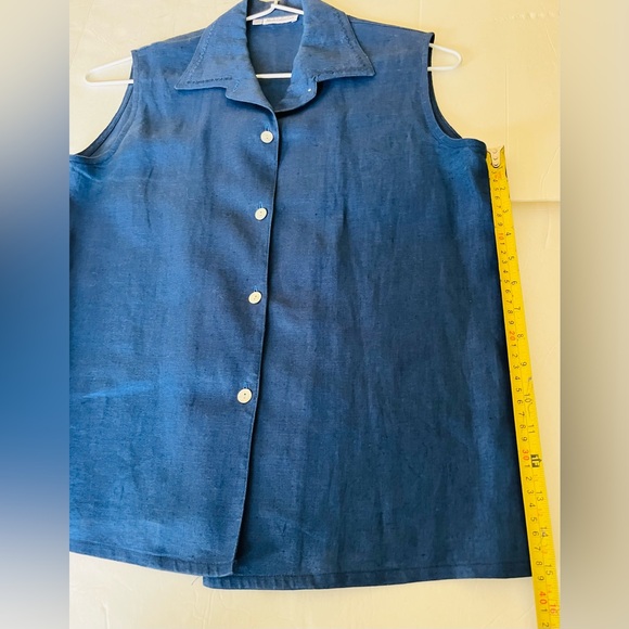 Royal Blue 100% linen button-up shirt mother-of-pearl buttons embroidered collar - Picture 14 of 16